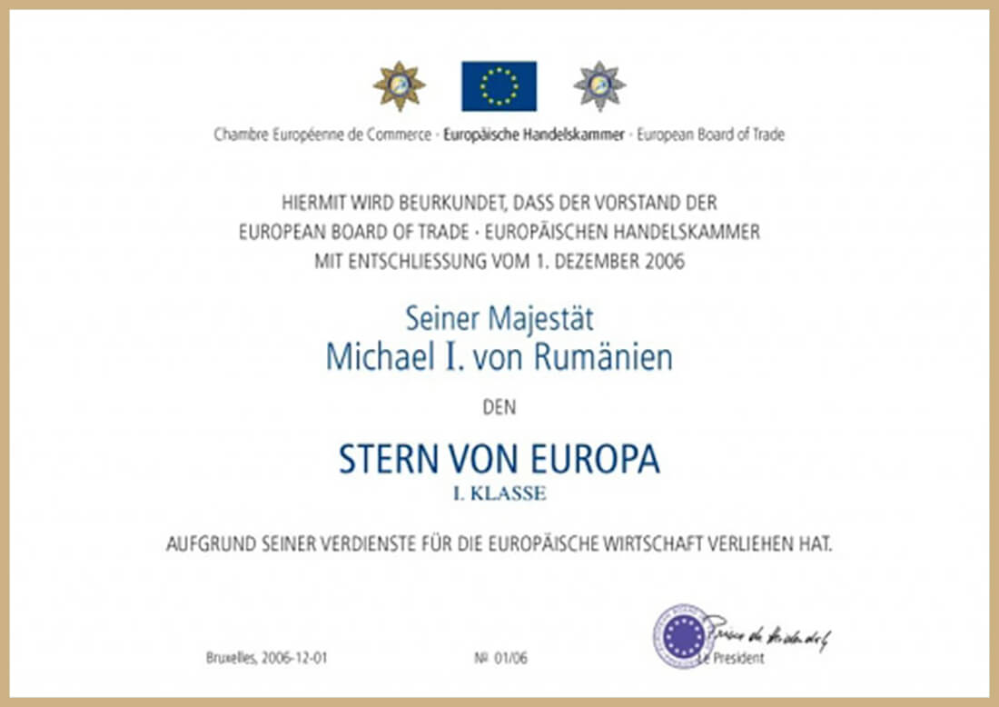 Certificate - Majesty Michael I. of Romania - Star of Europe (I. Class)